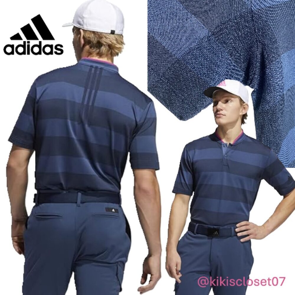 Adidas Blue Striped Prime Knit Golf Polo with Pink Accent / L